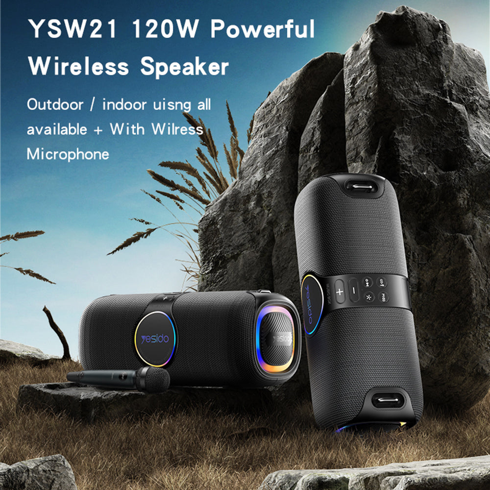 Yesido - Wireless Speaker (YSW21) - with UHF Microphone, Bluetooth 5.0, RGB Lights, IPX6, TF, AUX, 5200mAh, 120W - Black