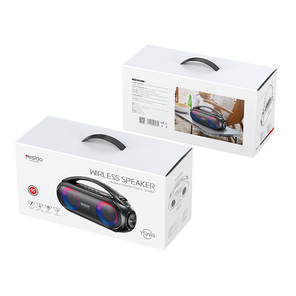 Yesido - Wireless Speaker (YSW19) - Bluetooth 5.0, RGB Lights, Stereo, IPX6, TF, AUX, Flash-Disk, 3000mAh, 40W - Black