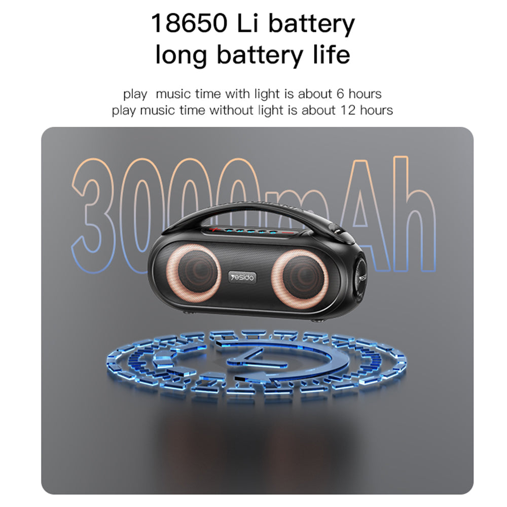 Yesido - Wireless Speaker (YSW19) - Bluetooth 5.0, RGB Lights, Stereo, IPX6, TF, AUX, Flash-Disk, 3000mAh, 40W - Black