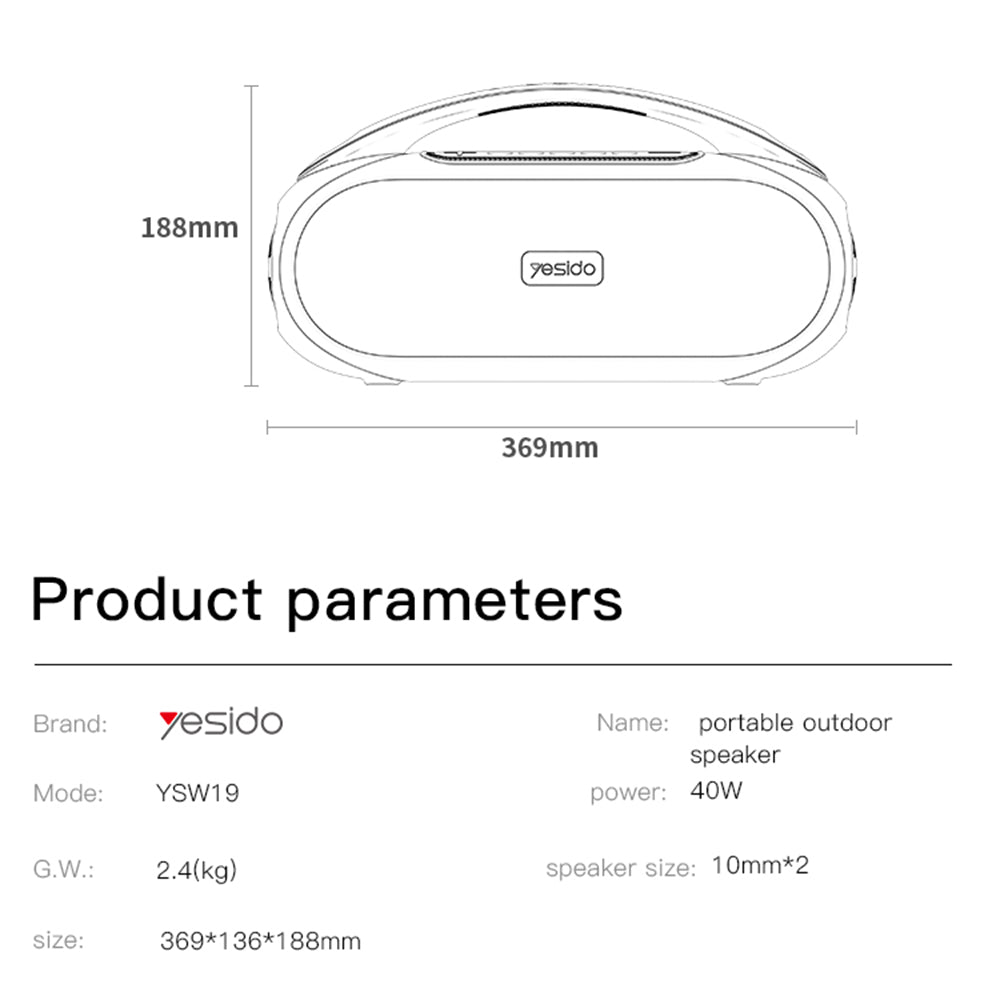 Yesido - Wireless Speaker (YSW19) - Bluetooth 5.0, RGB Lights, Stereo, IPX6, TF, AUX, Flash-Disk, 3000mAh, 40W - Black