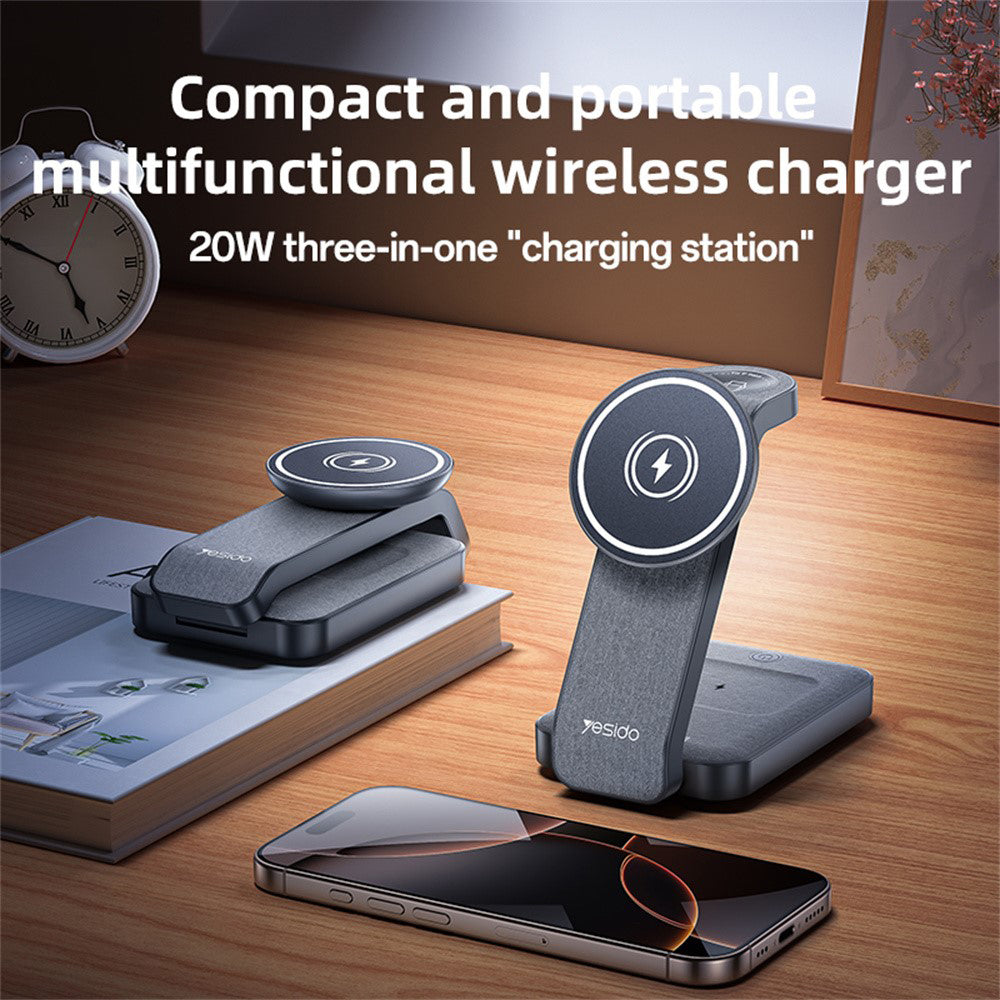 Yesido - Wireless Charging Station (DS26) - Magnetic, for Phone, Watch, Earbuds, Foldable, Stand, Night Light, 15W - Grey