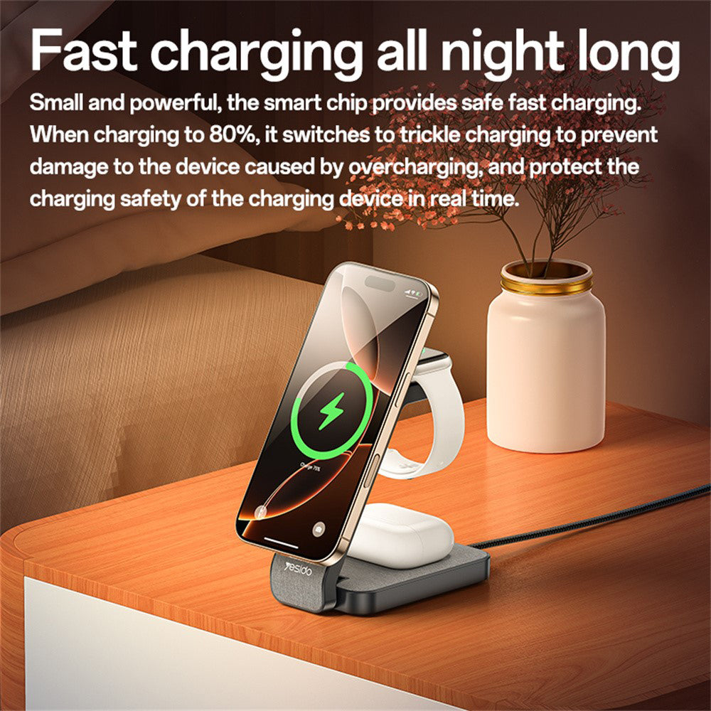 Yesido - Wireless Charging Station (DS26) - Magnetic, for Phone, Watch, Earbuds, Foldable, Stand, Night Light, 15W - Grey