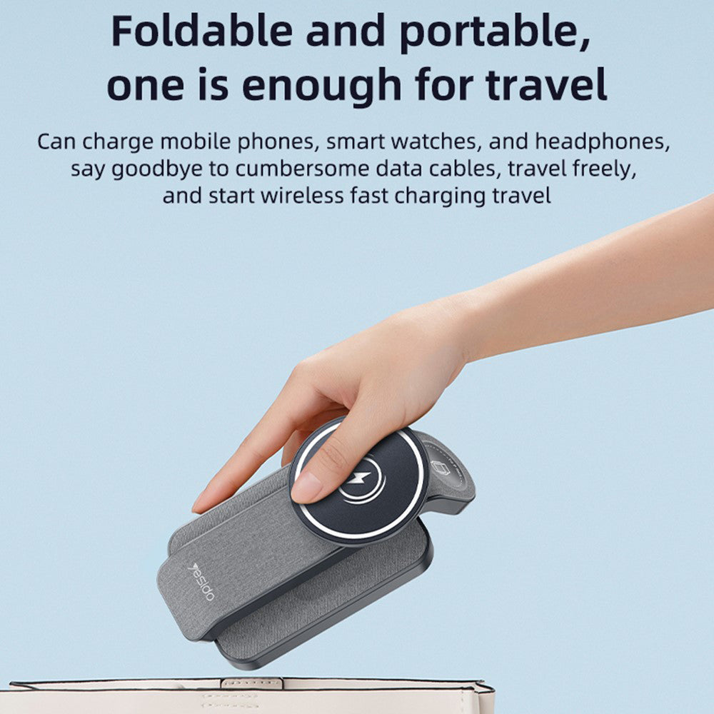 Yesido - Wireless Charging Station (DS26) - Magnetic, for Phone, Watch, Earbuds, Foldable, Stand, Night Light, 15W - Grey