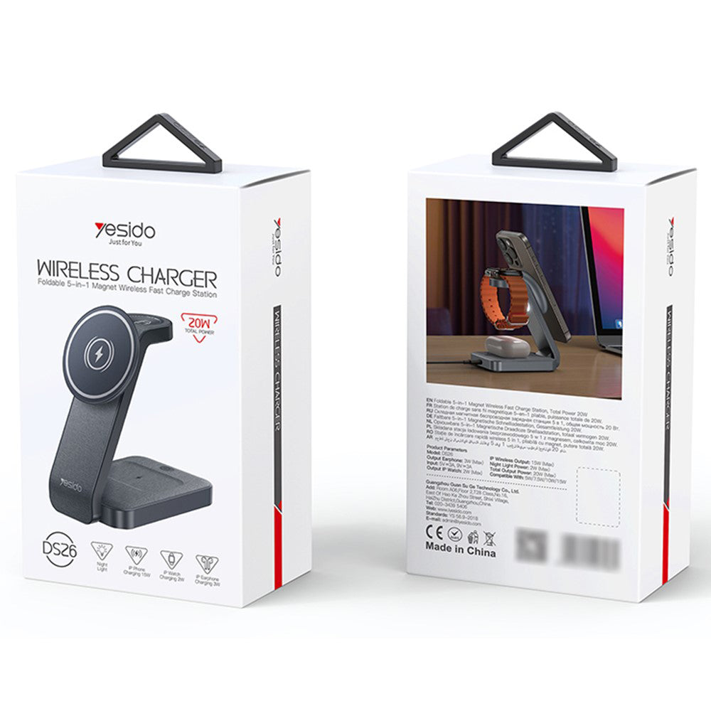 Yesido - Wireless Charging Station (DS26) - Magnetic, for Phone, Watch, Earbuds, Foldable, Stand, Night Light, 15W - Grey