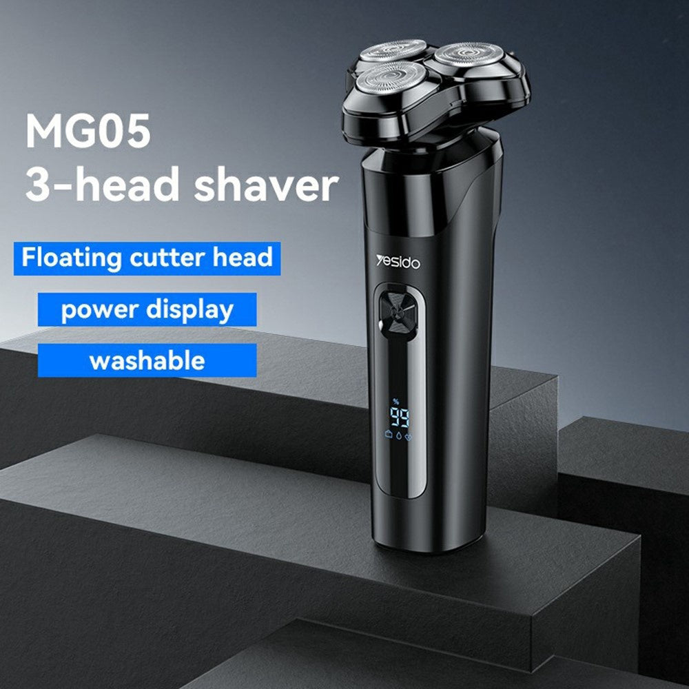 Yesido - Electric Shaver Razor (MG05) - with 3 Floating Cutter Heads, LED Power Display, USB, 9500RPM, 600mAh - Black
