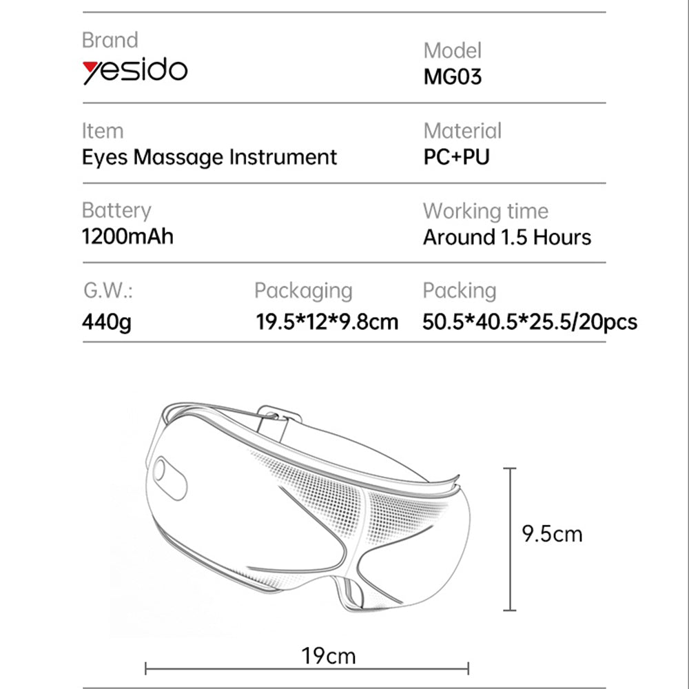 Yesido - Eye Massager (MG03) - with Sleep Music, Intelligent Heat Compress, 3 Eye Protection Modes - White