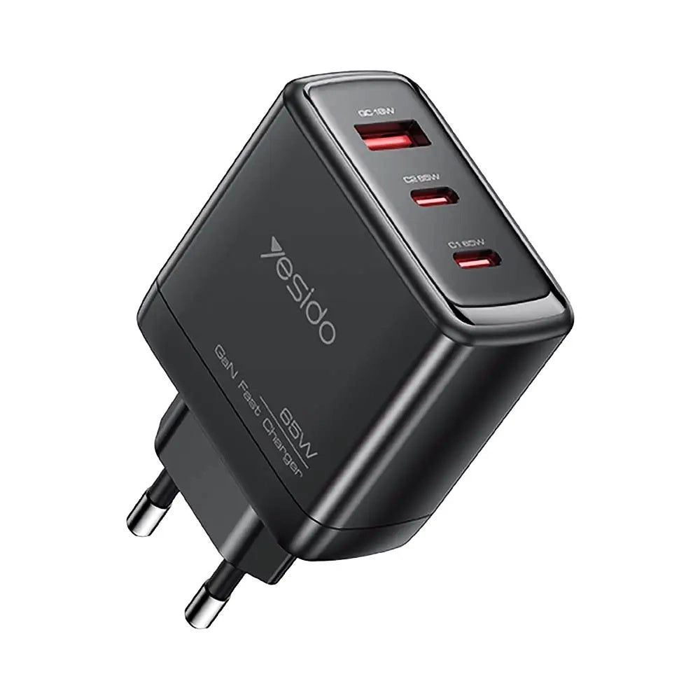 Yesido - Wall Charger (YC144C) - GaN, Fast Charge, for Phone, Tablet, USB, 2x Type-C, PD65W, QC18W, USB-C Cable, 1m - Black