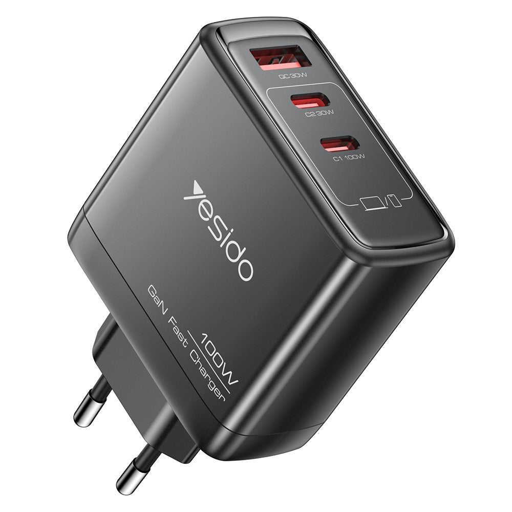 Yesido - Wall Charger (YC142) - GaN, Fast Charging, 3in1, for Phone, Laptop, Tablet, USB, 2x Type-C, 100W - Black