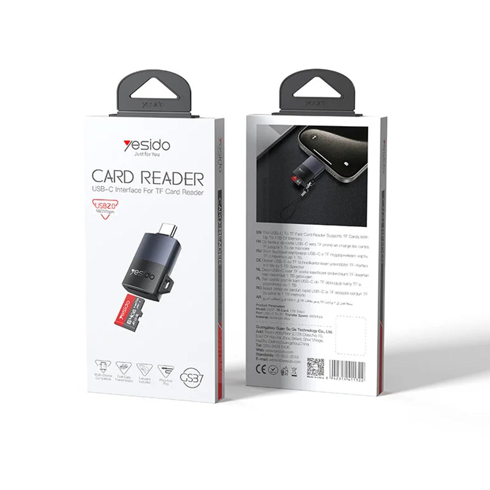 Yesido - Card Reader (GS37) - Type-C, High-speed, Aluminum Alloy, Support 1TB, Plug and Play, TF Card - Black