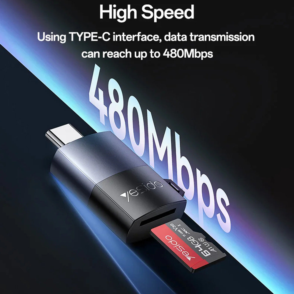 Yesido - Card Reader (GS37) - Type-C, High-speed, Aluminum Alloy, Support 1TB, Plug and Play, TF Card - Black