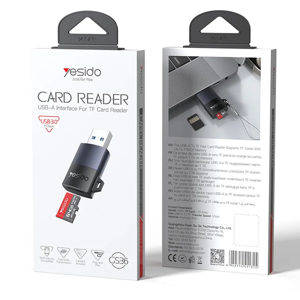 Yesido - Card Reader (GS36) - USB, High-speed, Aluminum Alloy, Support 1TB, Plug and Play, TF Card - Black
