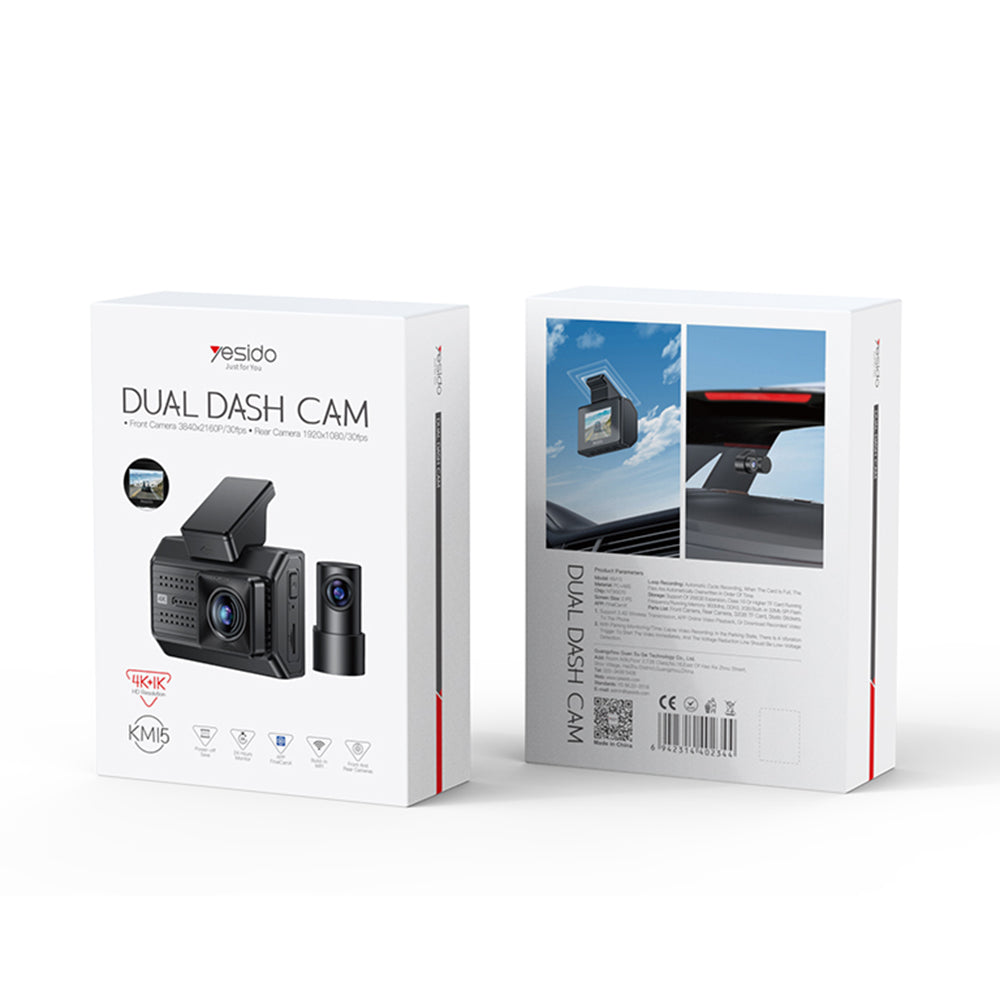 Yesido - Dual Dash Camera (KM15) - 2" IPS Display Screen, Front + Rear Dual Recording, G-Sensor, Up to 256GB Storage - Black