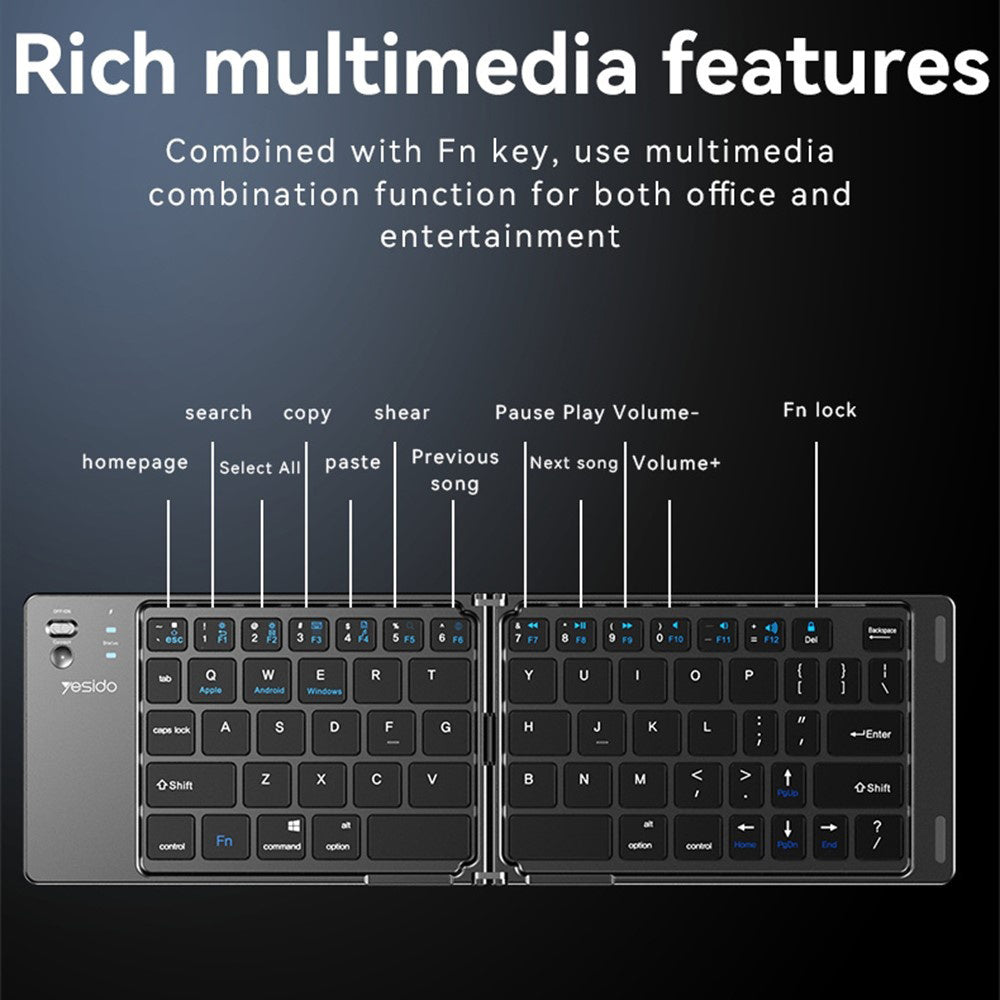 Yesido - Foldable Keyboard (KB27) - Type-C, 150mAh, Bluetooth 5.0, Compact Design, Ultra-Thin - Black