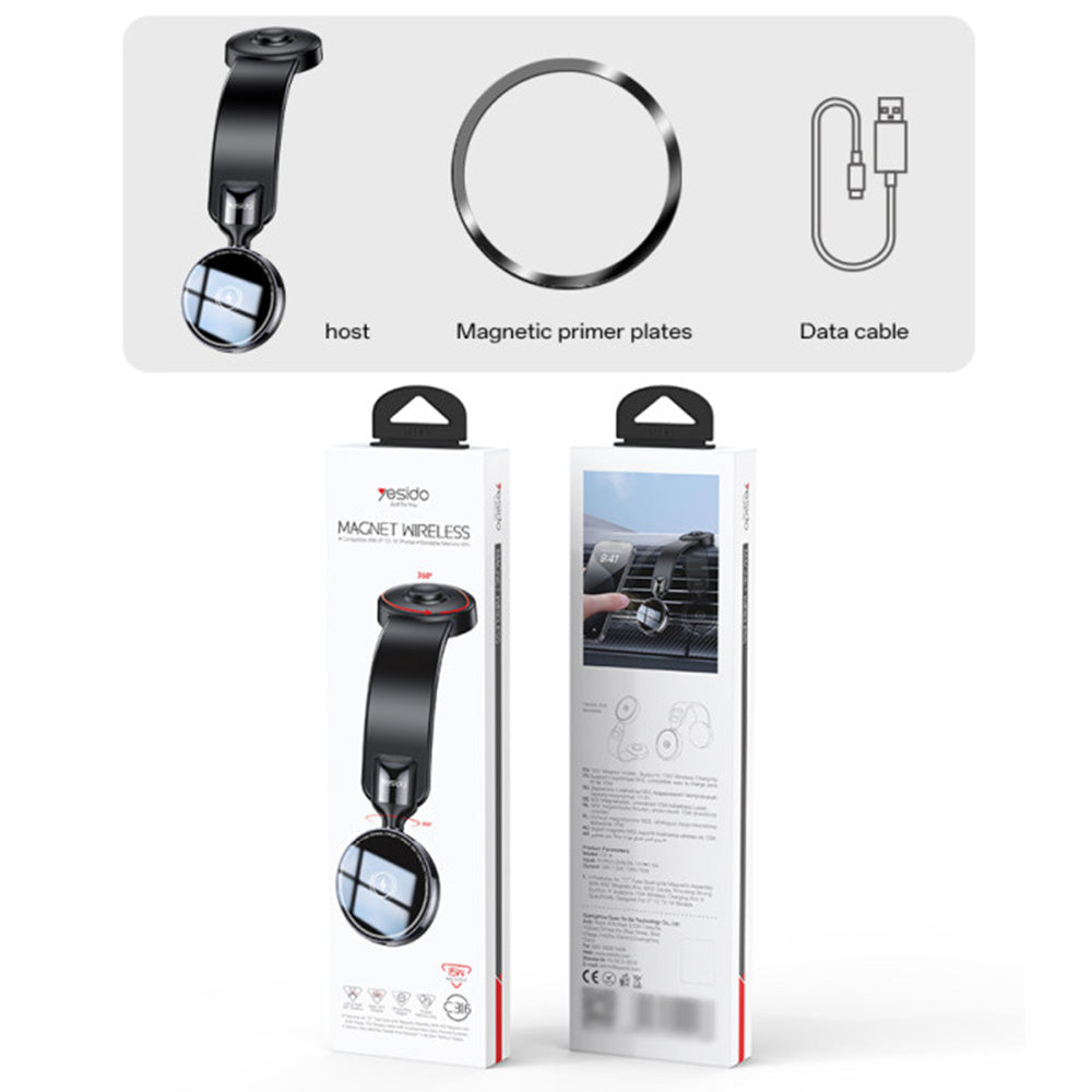 Yesido - Car Holder with Wireless Charging (C316) - for Dashboard, N52 Magnets, Flexible, Smart Power Control, 15W - Black