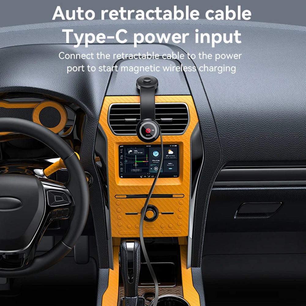 Yesido - Car Holder with Wireless Charging (C314) - for Dashboard, with Retractable Cable, Type-C, N52 Magnets, 15W - Black