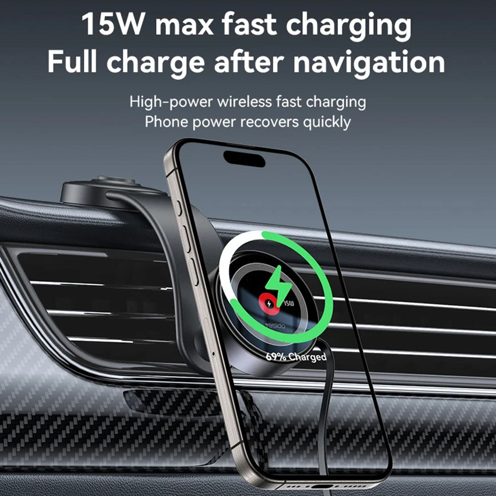 Yesido - Car Holder with Wireless Charging (C314) - for Dashboard, with Retractable Cable, Type-C, N52 Magnets, 15W - Black