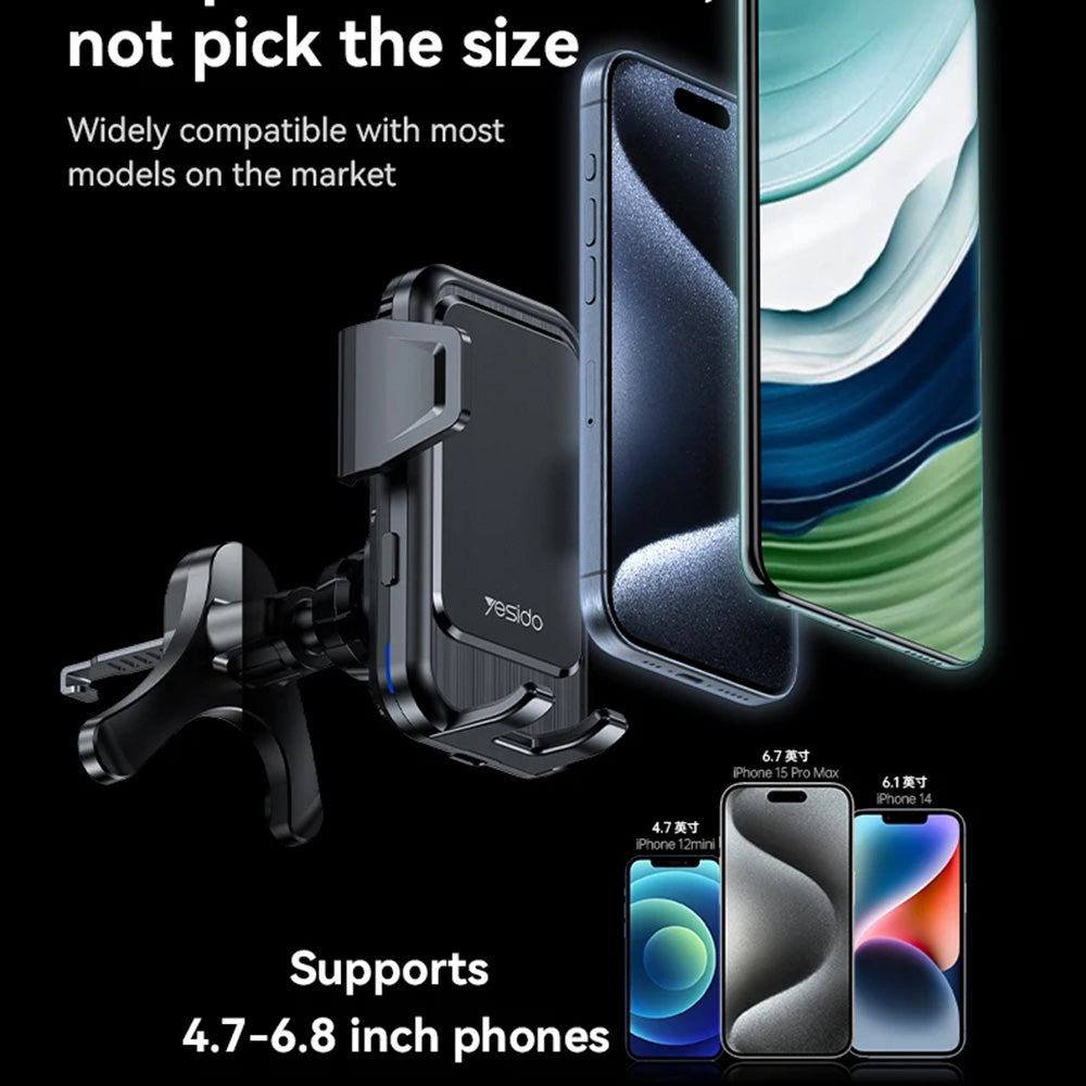 Yesido - Car Holder with Wireless Charging (C312) - for Air Vent, Automatic Clip, Smart Induction, 15W, 4.7 - 6.8inch - Black