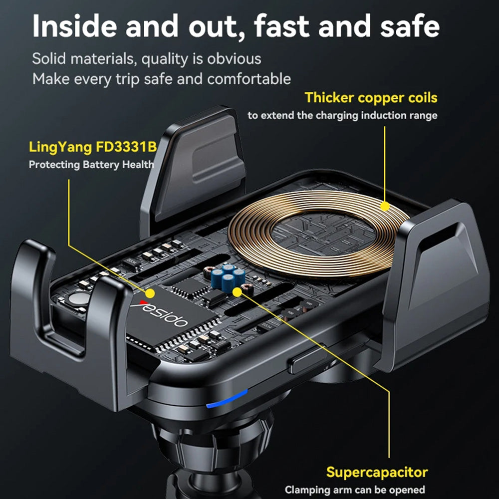 Yesido - Car Holder with Wireless Charging (C312) - for Air Vent, Automatic Clip, Smart Induction, 15W, 4.7 - 6.8inch - Black