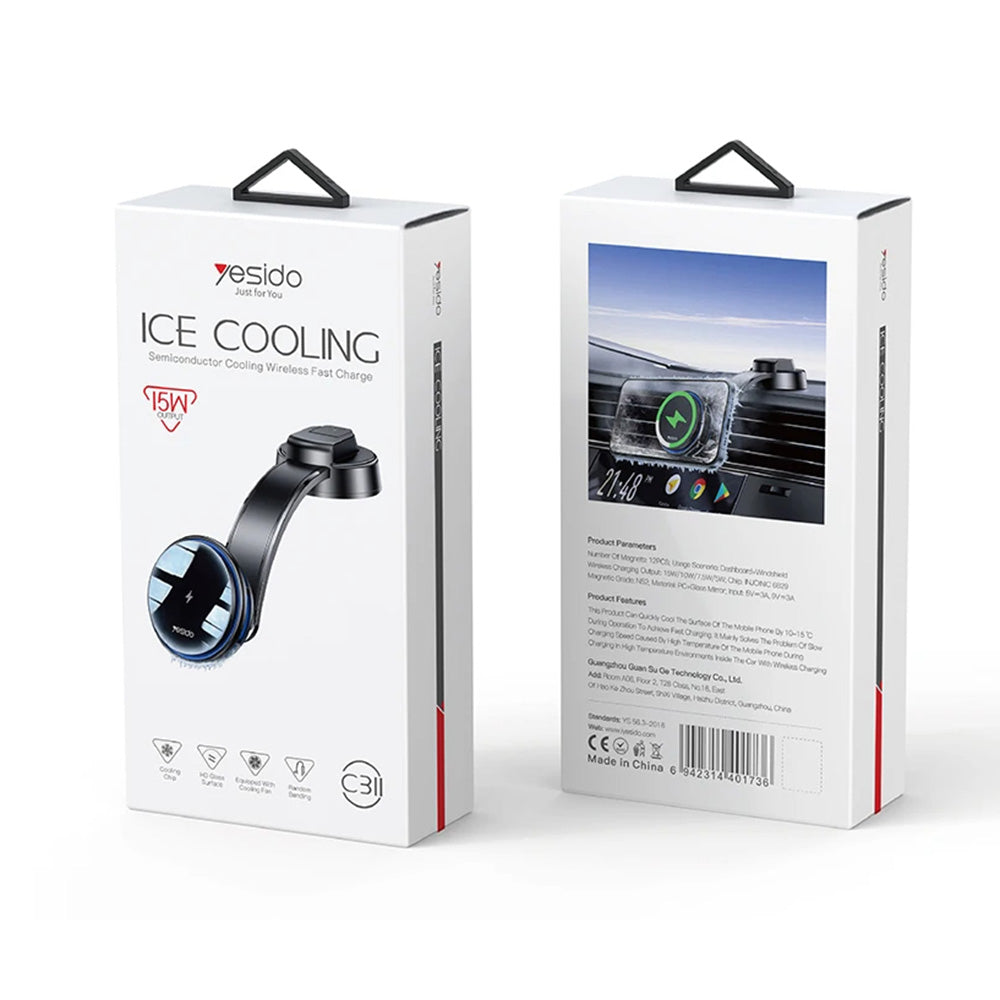 Yesido - Car Holder with Wireless Charging (C311) - for Dash, Semiconductor, Powerful Cooling, 2x Ambient Lights, 15W - Black