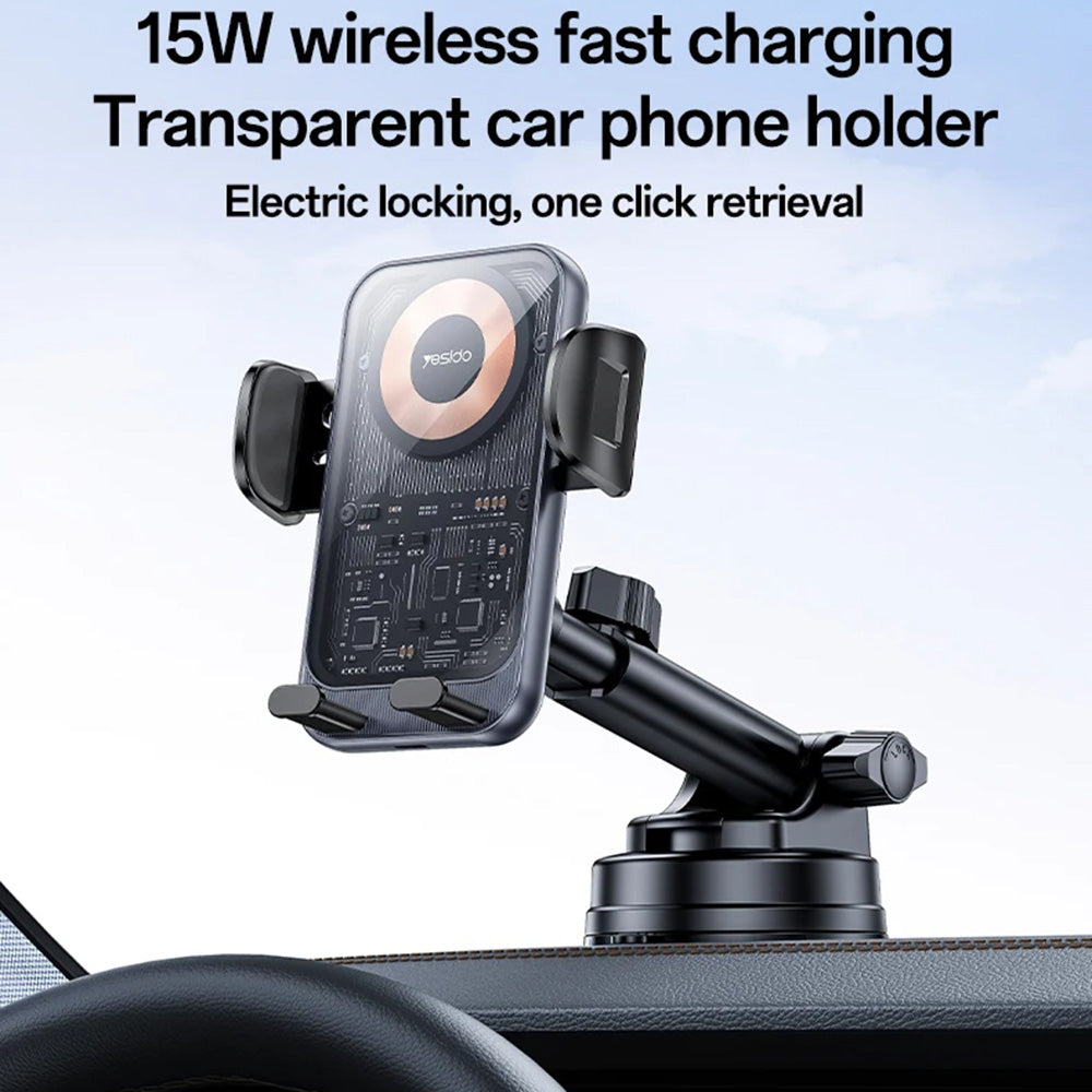 Yesido - Car Holder with Wireless Charging (C307) - for Dasboard, Electric Lock, Transparent Design, Smart Chip, 15W - Black