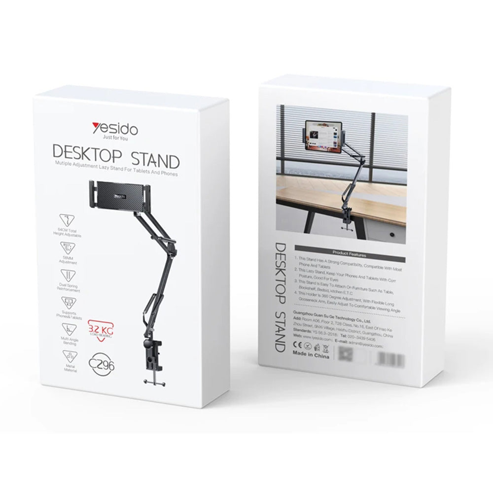 Yesido - Desk Holder (C296) - Lazy Man Stand, for 4 - 12.9inch Devices, Multi-directional Folding Shaft - Black