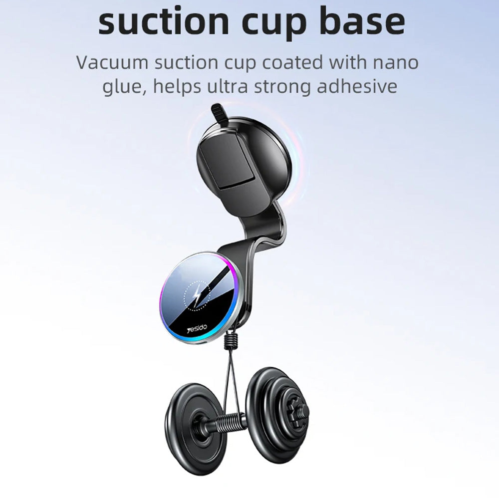 Yesido - Car Holder with Wireless Charging (C292) - for Dashboard/Windshield, LED Indicator, Bendable Clamp Arm, 15W - Black