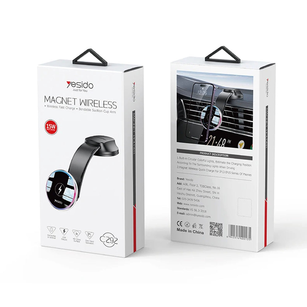 Yesido - Car Holder with Wireless Charging (C292) - for Dashboard/Windshield, LED Indicator, Bendable Clamp Arm, 15W - Black