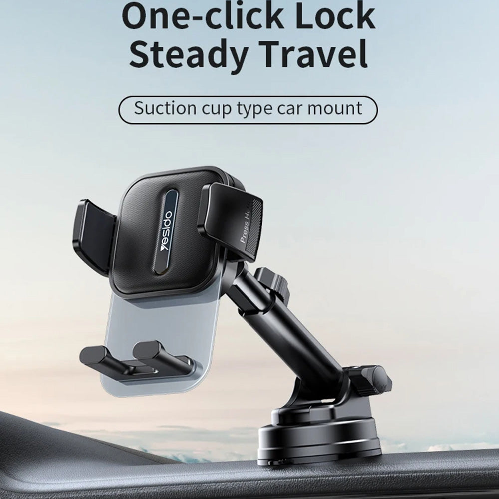 Yesido - Car Holder (C261) - for Dashboard/Windshield, 360°, Anti-slip, Transparent Panel, Telescopic Arm, Auto Clip - Black
