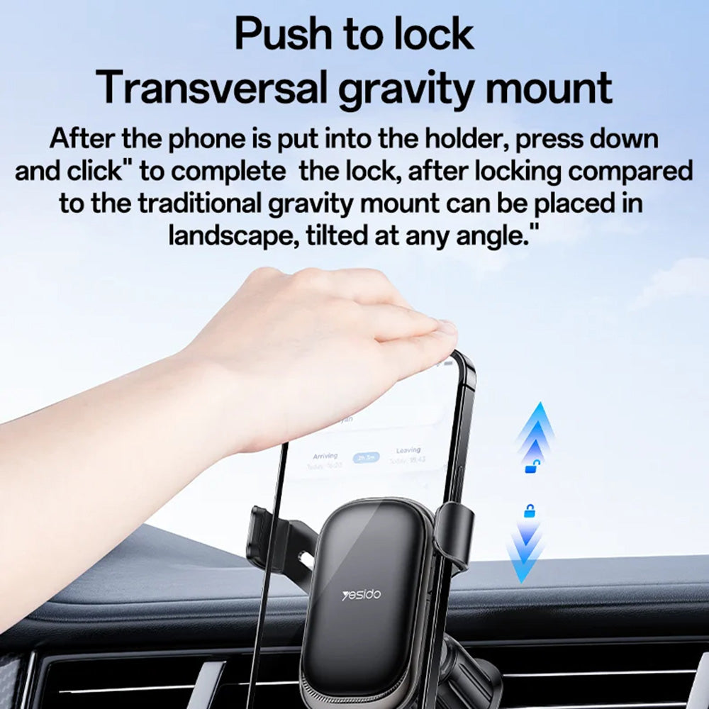 Yesido - Car Holder (C247) - for Air Vent, Mechanical Tight Lock, 360°, Transversal Gravity Mount, 4.7-7.2inch Phone - Black