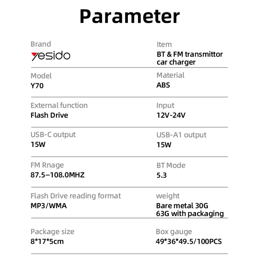 Yesido - FM Modulator and Car Charger (Y70) - Dual-Port USB-C + USB-A, Bluetooth 5.3, 15W - Black