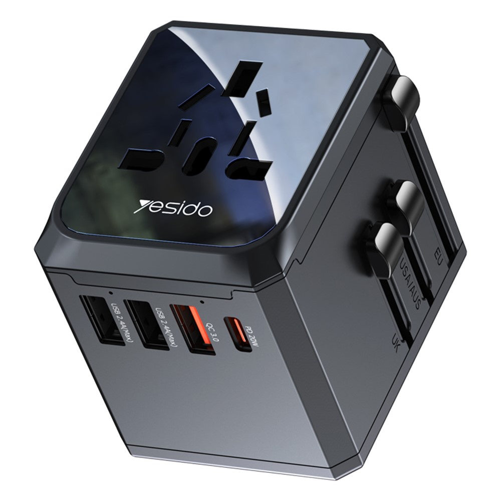 Yesido - Travel Adapter (MC24) - Type-C, USB3.0, 2x USB2.4, Multifunctional Fast Charger - Black