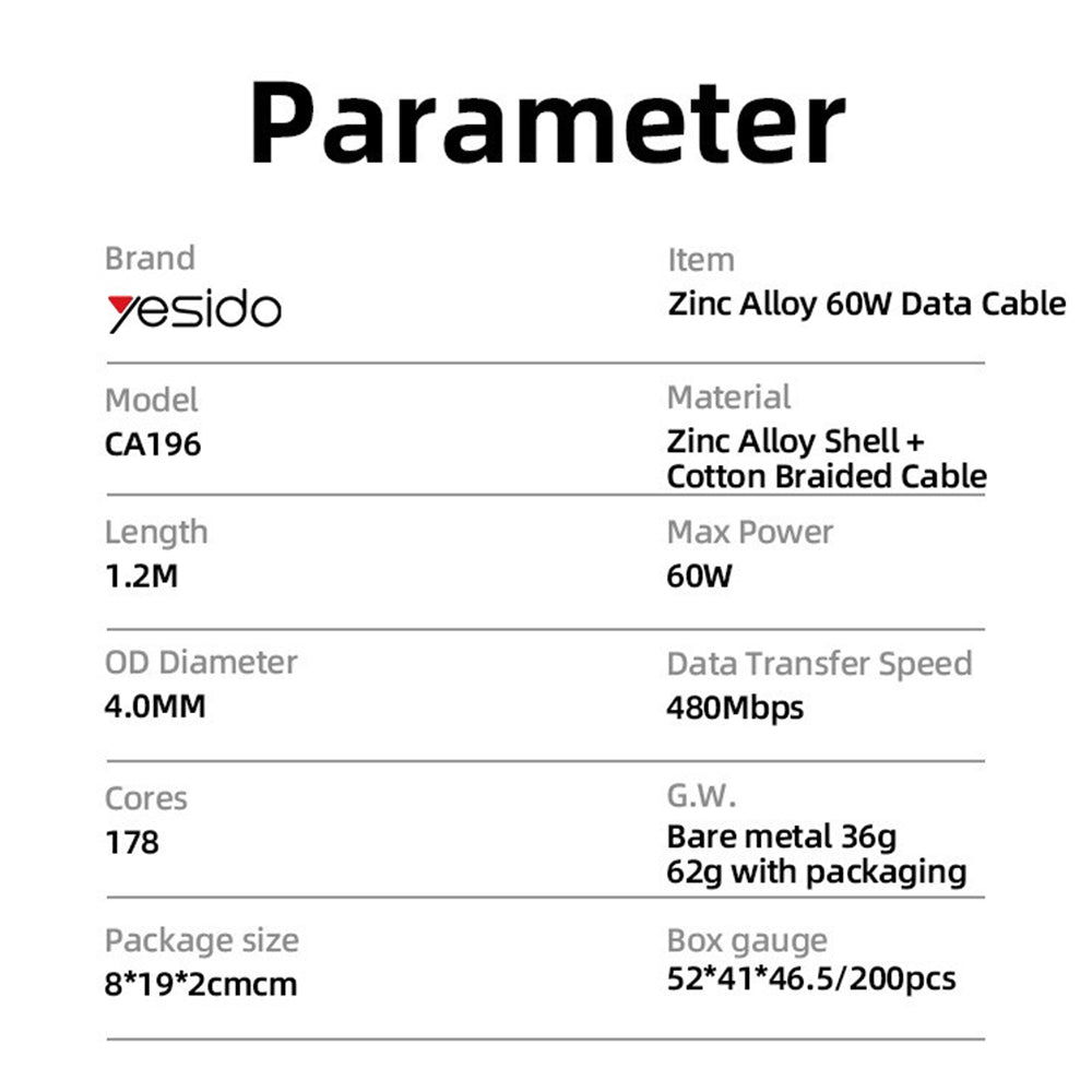 Yesido - Data Cable (CA196) - Type-C to Type-C, Fast Charging, 480Mbps, PD60W, CarPlay Compatible, Zinc Alloy, 1.2m - Black