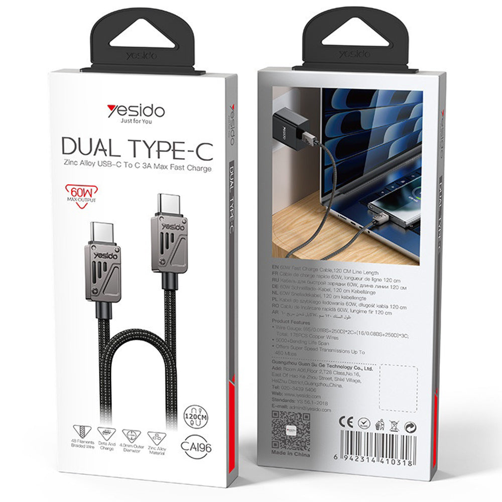 Yesido - Data Cable (CA196) - Type-C to Type-C, Fast Charging, 480Mbps, PD60W, CarPlay Compatible, Zinc Alloy, 1.2m - Black