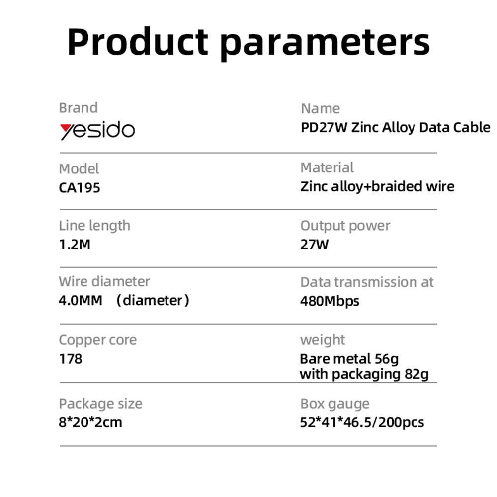 Yesido - Data Cable (CA195) - Type-C to Lightning, Fast Charging, PD27W, CarPlay Compatible, Zinc Alloy, 1.2m - Black