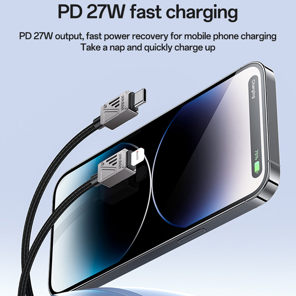Yesido - Data Cable (CA195) - Type-C to Lightning, Fast Charging, PD27W, CarPlay Compatible, Zinc Alloy, 1.2m - Black