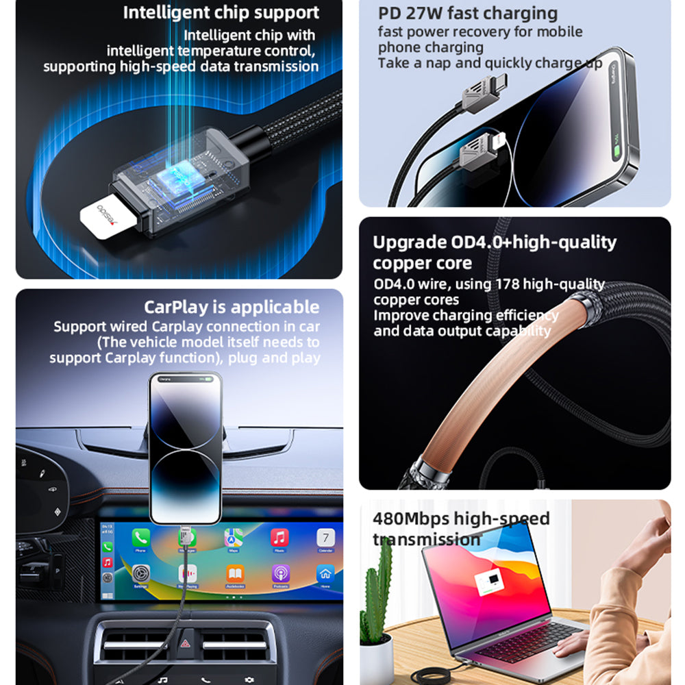 Yesido - Data Cable (CA195) - Type-C to Lightning, Fast Charging, PD27W, CarPlay Compatible, Zinc Alloy, 1.2m - Black