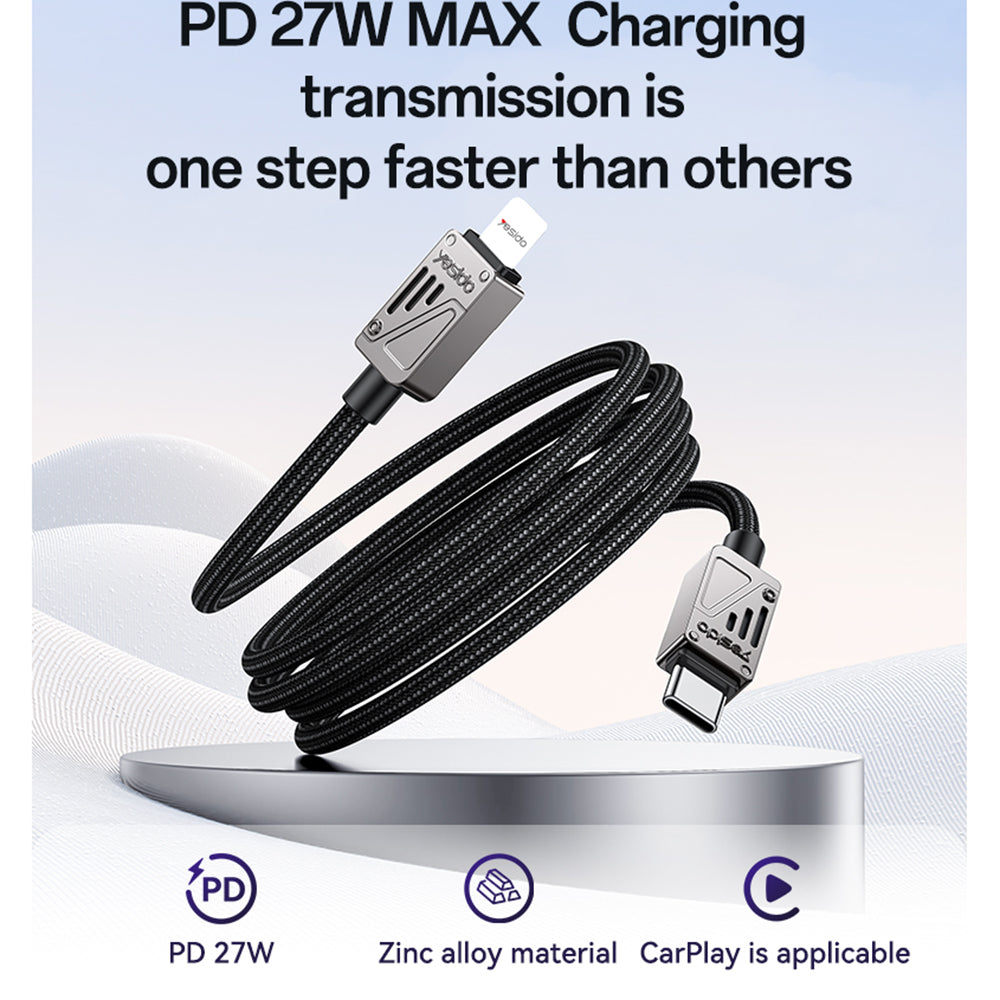 Yesido - Data Cable (CA195) - Type-C to Lightning, Fast Charging, PD27W, CarPlay Compatible, Zinc Alloy, 1.2m - Black