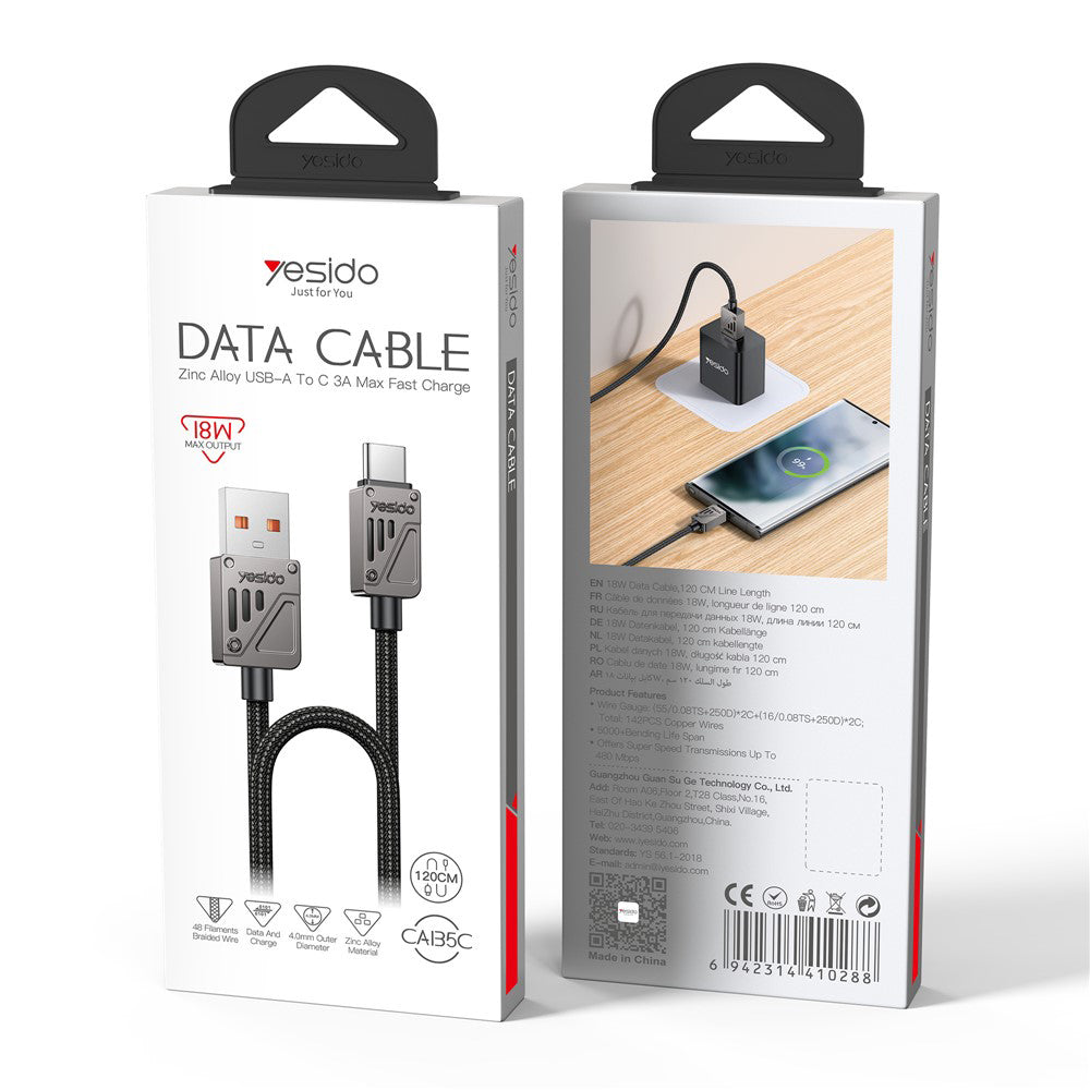 Yesido - Data Cable (CA135C) - USB to Type-C, Fast Charging, QC18W, 3A, 480Mbps, CarPlay Compatible, Zinc Alloy, 1.2m - Black