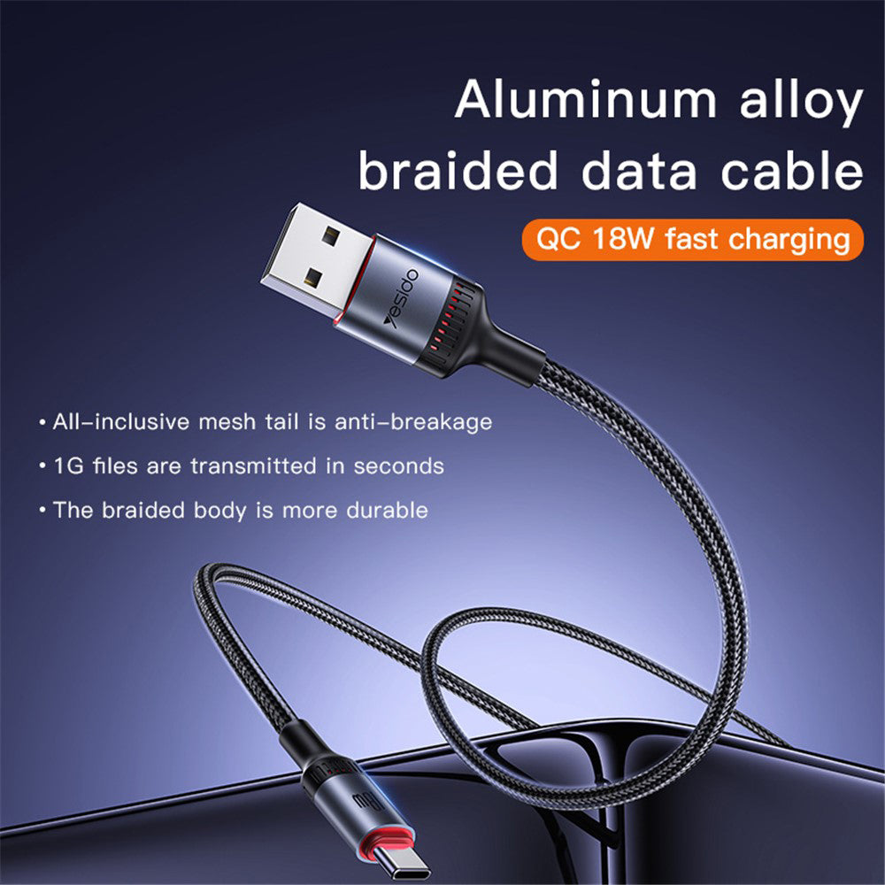 Yesido - Data Cable (CA130C) - USB to Type-C, Fast Charge, 18W, 3A, 480Mbps, CarPlay Compatible, Aluminum Alloy, 2m - Black