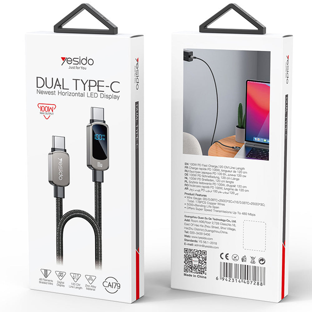 Yesido - Data Cable (CA179) - Super Fast Charging, with Digital Display, Type-C to Type-C, 100W, 5A, 480Mbps, 1.2m - Black
