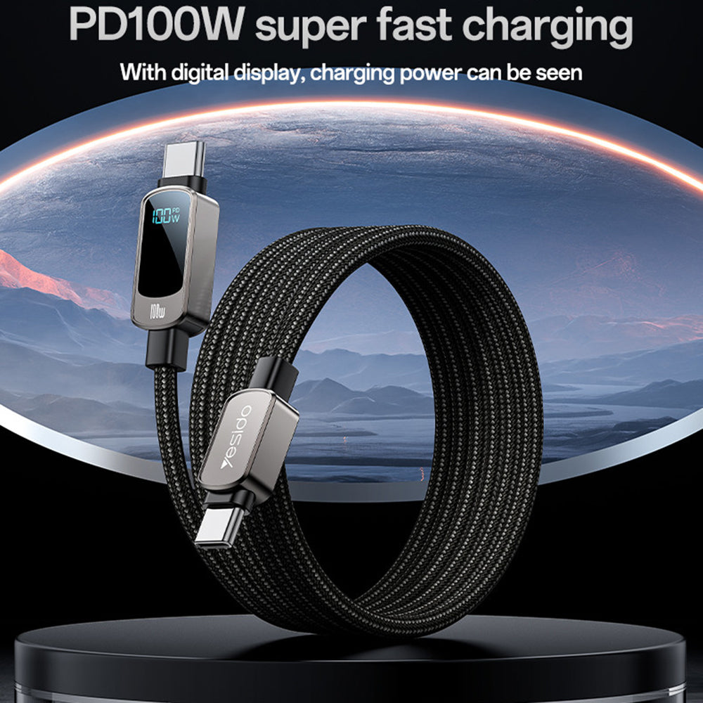 Yesido - Data Cable (CA179) - Super Fast Charging, with Digital Display, Type-C to Type-C, 100W, 5A, 480Mbps, 1.2m - Black