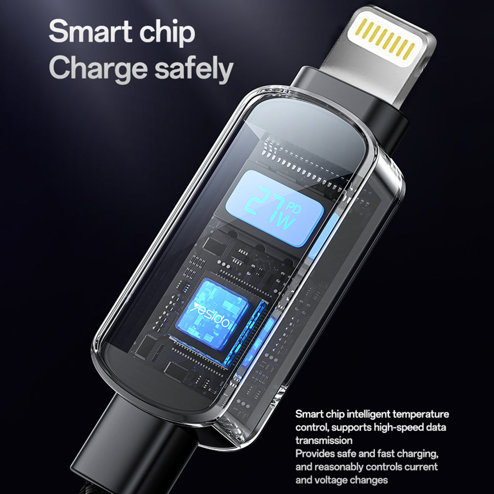 Yesido - Data Cable (CA180) - Super Fast Charging, with Digital Display, Type-C to Lightning, 27W, 3A, 480Mbps, 1.2m - Black