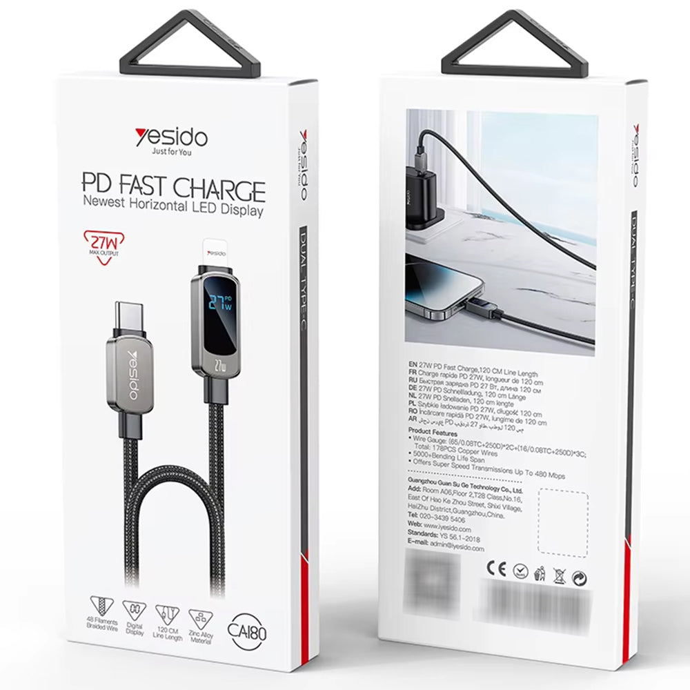 Yesido - Data Cable (CA180) - Super Fast Charging, with Digital Display, Type-C to Lightning, 27W, 3A, 480Mbps, 1.2m - Black