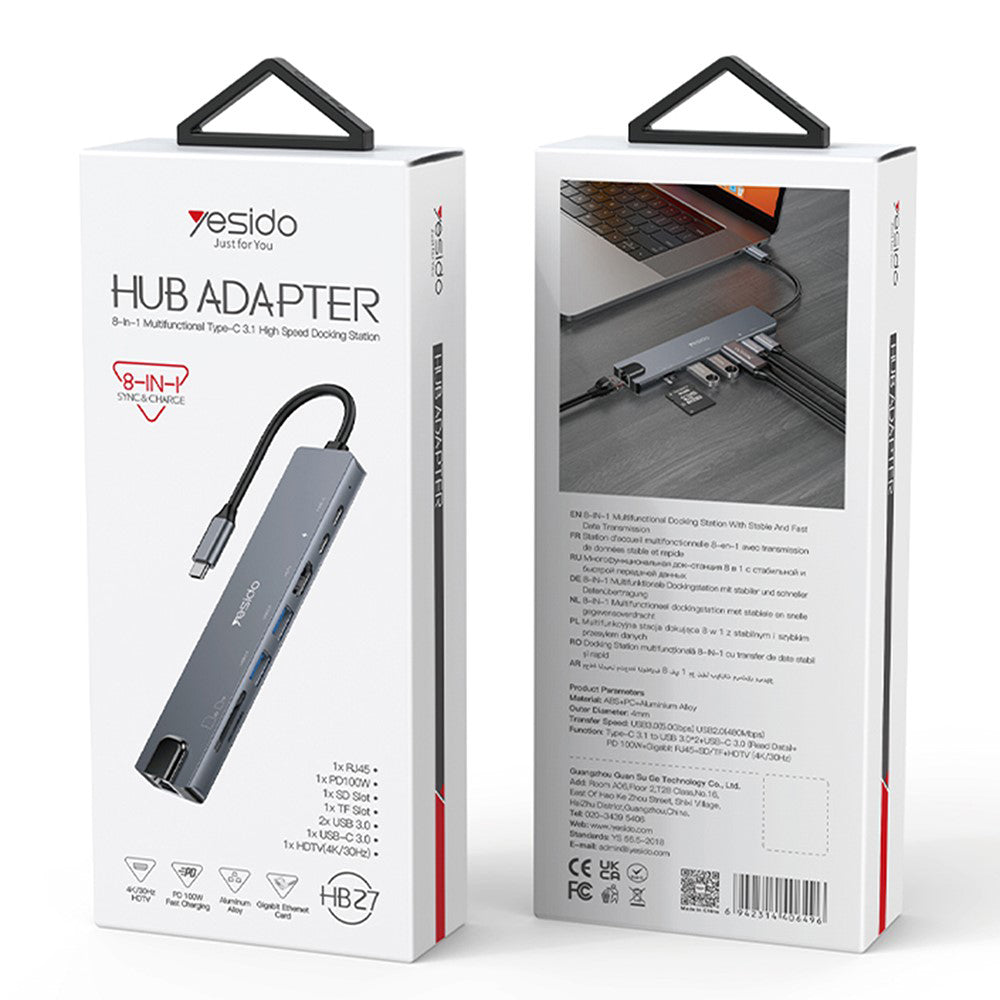 Yesido - Docking Station 8in1 (HB27) - Type-C to 2x USB, 2x USB-C, HDMI, RJ45, TF/SD, PD100W, Fast Charge, 4K@30Hz - Gray