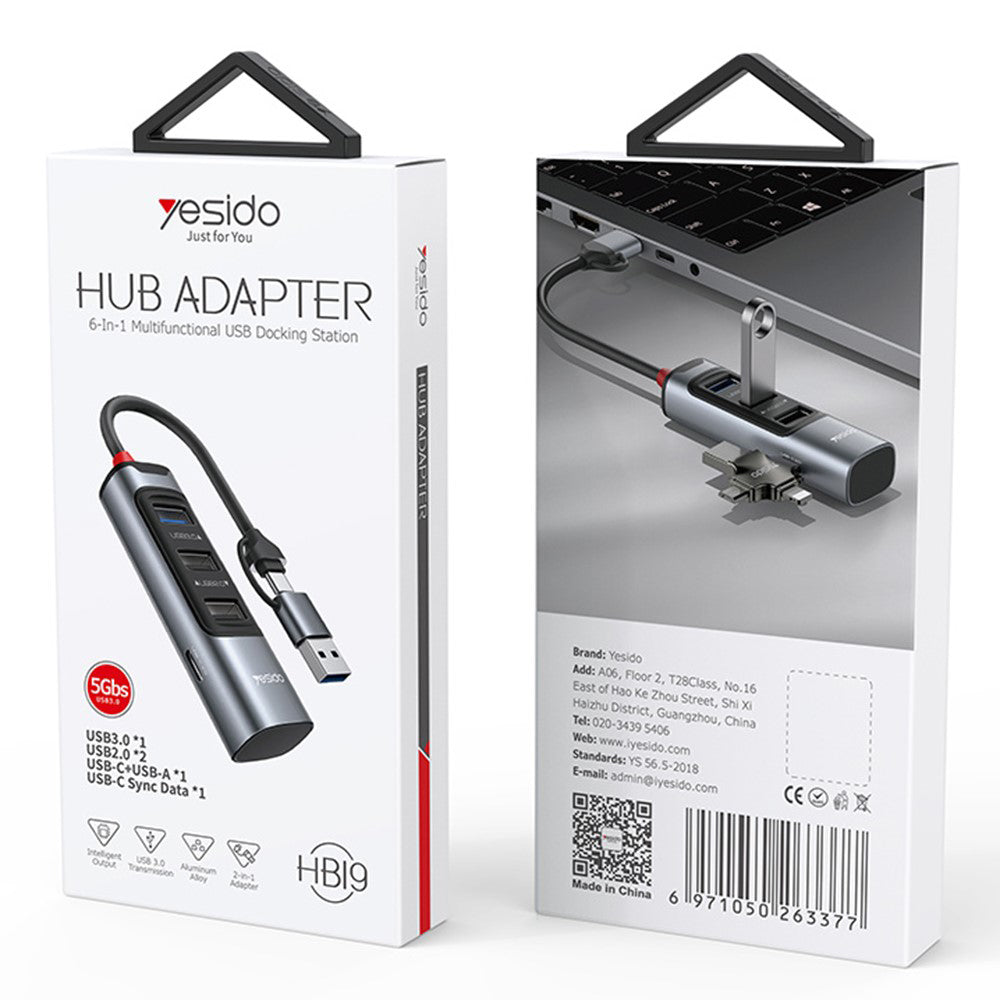 Yesido - Docking Station 4in1 (HB19) - USB, Type-C to 3x USB, USB-C, Fast Charge, Plug & Play, 5Gbps - Gray