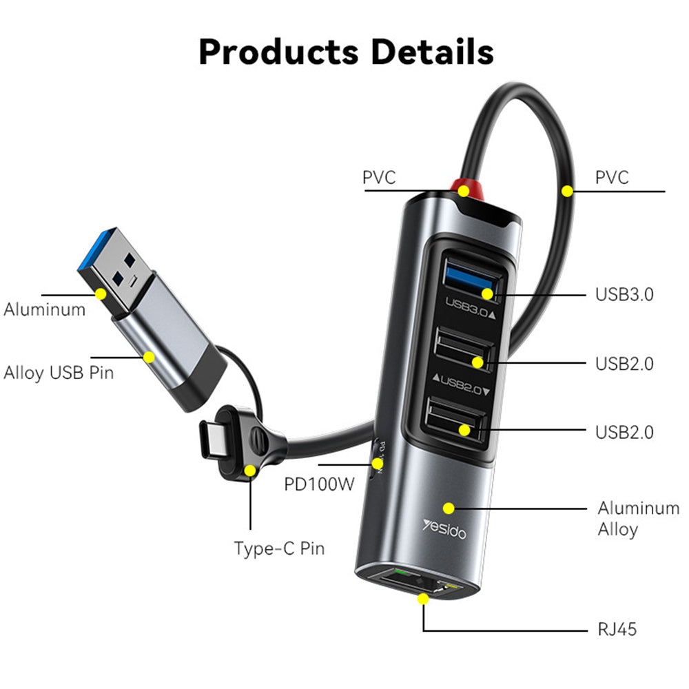 Yesido - Docking Station (HB21) - USB, Type-C to 3x USB, USB-C, RJ45 1000M, PD100W, Fast Charge, Plug & Play, 5Gbps - Gray