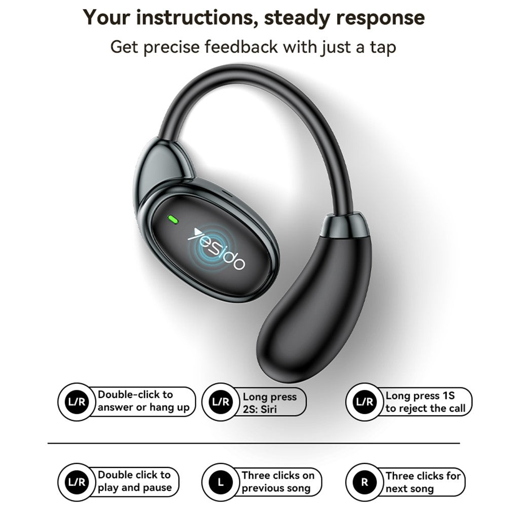 Yesido - Wireless Earbuds (YSP19 BL) - with Bluetooth V5.4, Open-ear Design, 400mAh, Type-C, 30hrs Working Time - Black