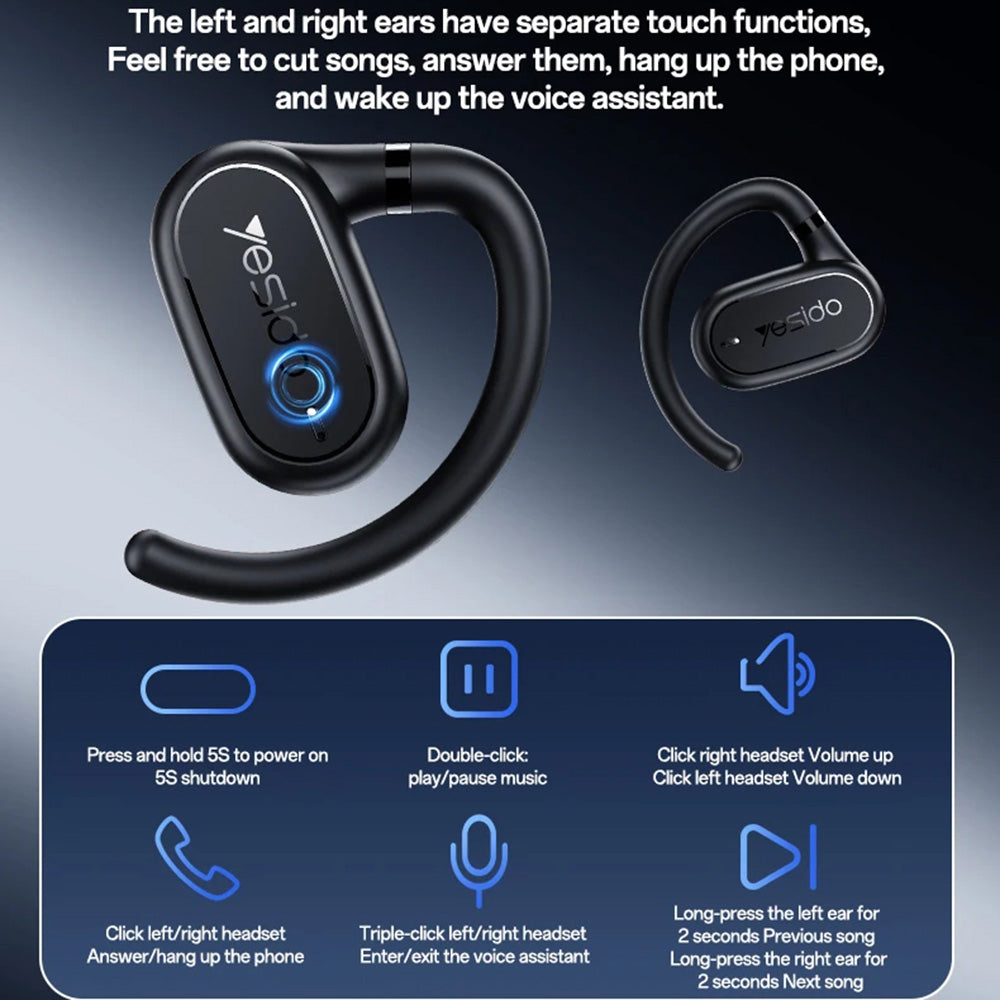 Yesido - Wireless Earbuds (YSP25) - with Bluetooth V5.3, Open-ear Design, IP54, 600mAh - Black