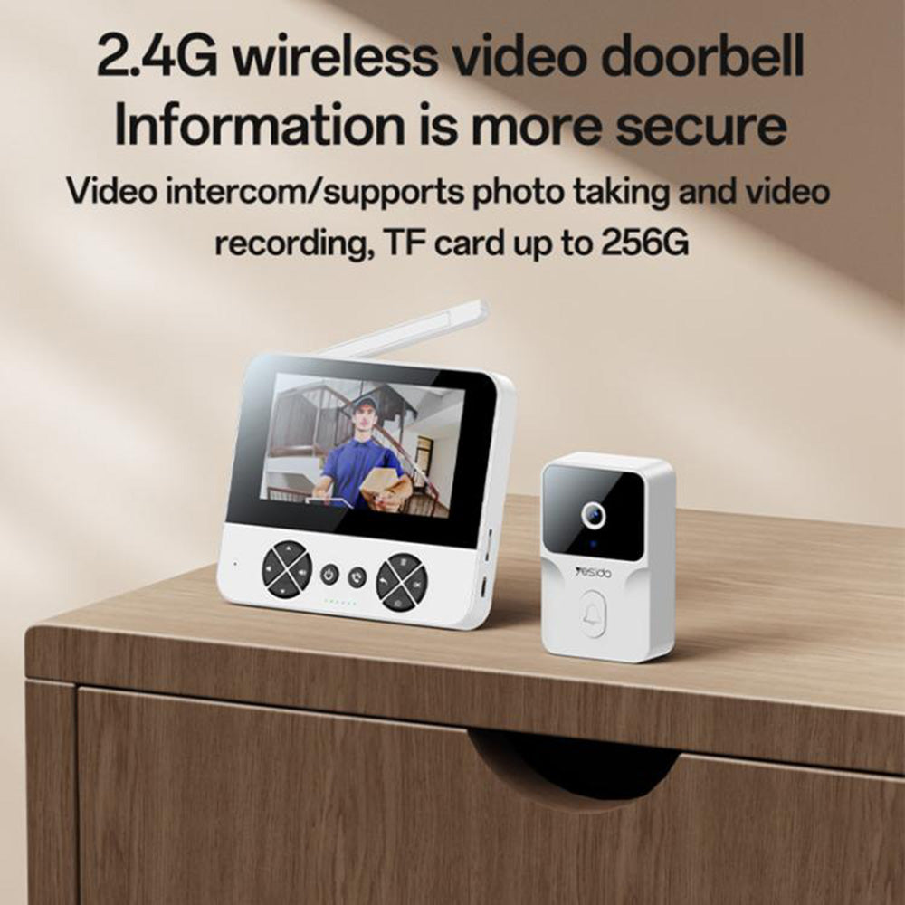 Yesido - Wireless Video Intercom Doorbell (KM27) - 2.4G, 2K HD 1080*720px, 1000mAh, 4.3" TFT Screen, UK Plug - White