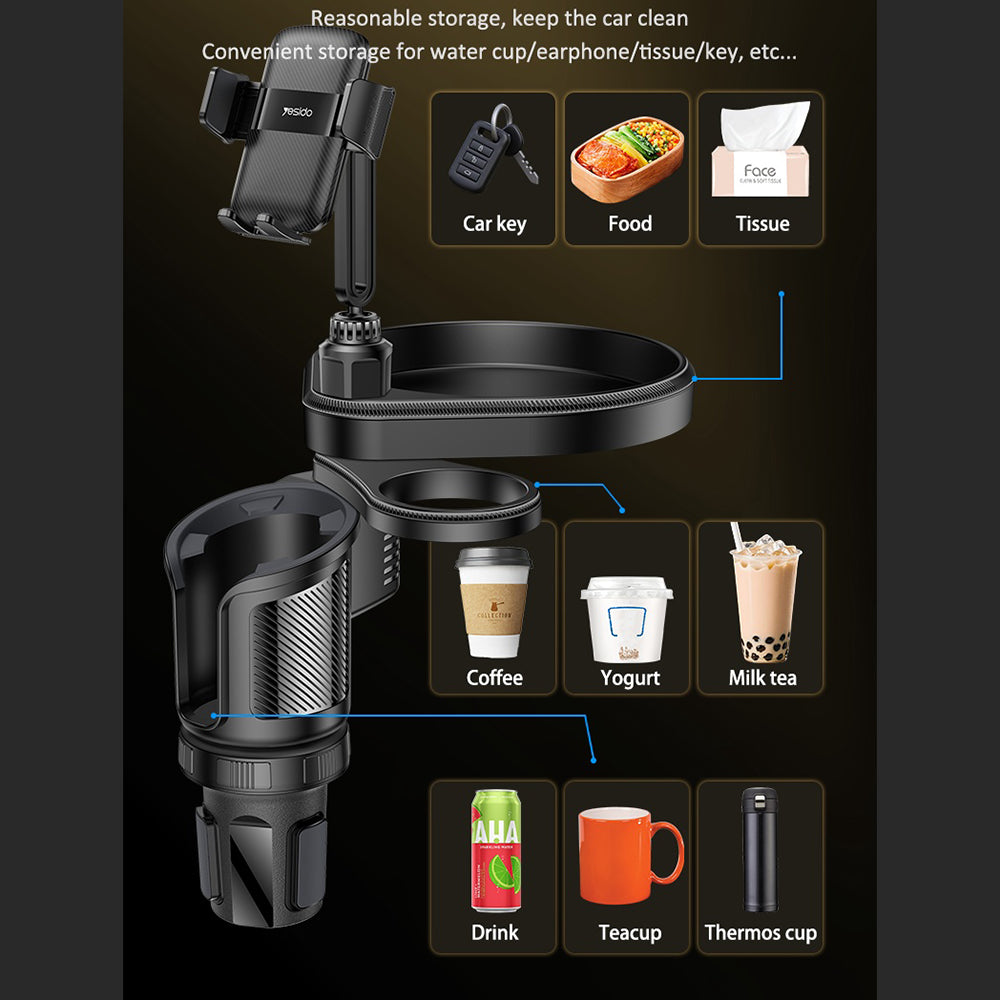 Yesido - Car Holder 4in1 (C274) - Cup Storage, Phone Mount and Sundries Storage, 720° Adjustable Angle, 4.7-7.2" - Black